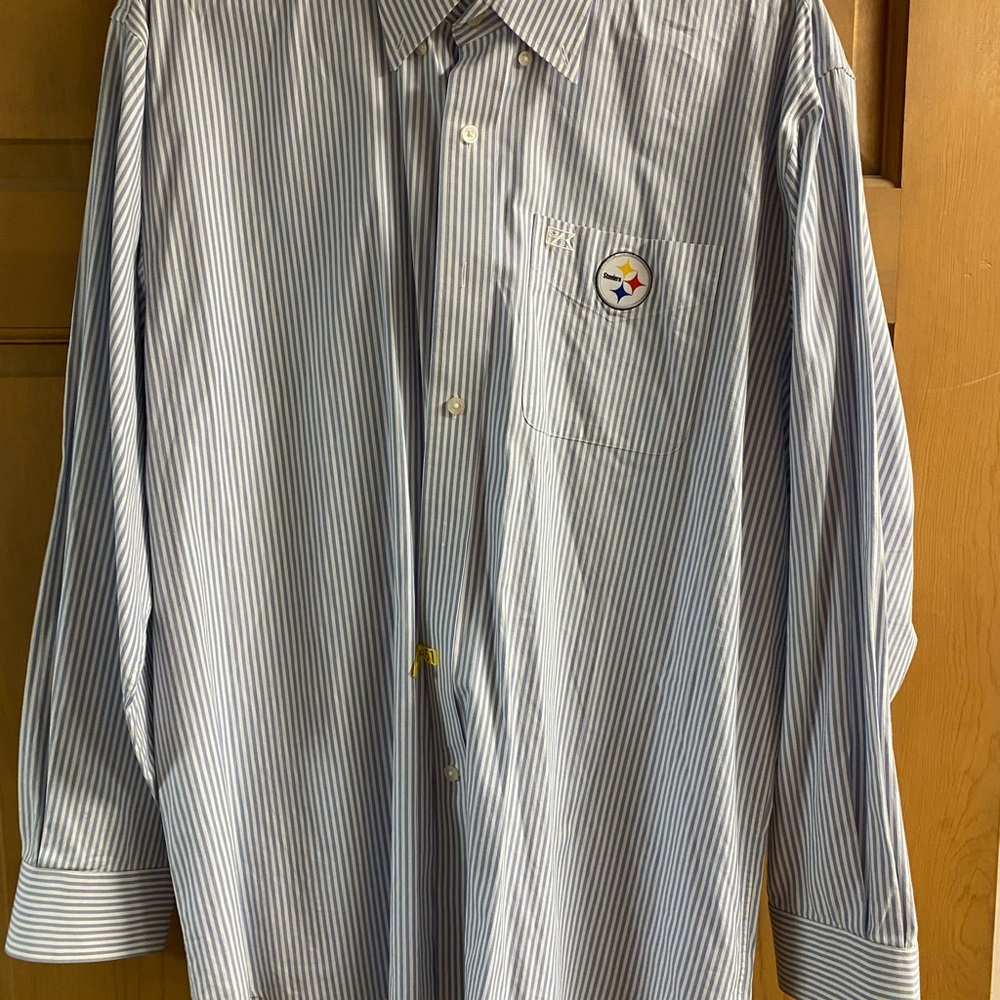 Cutter & Buck Blue and White Striped Dress Shirt